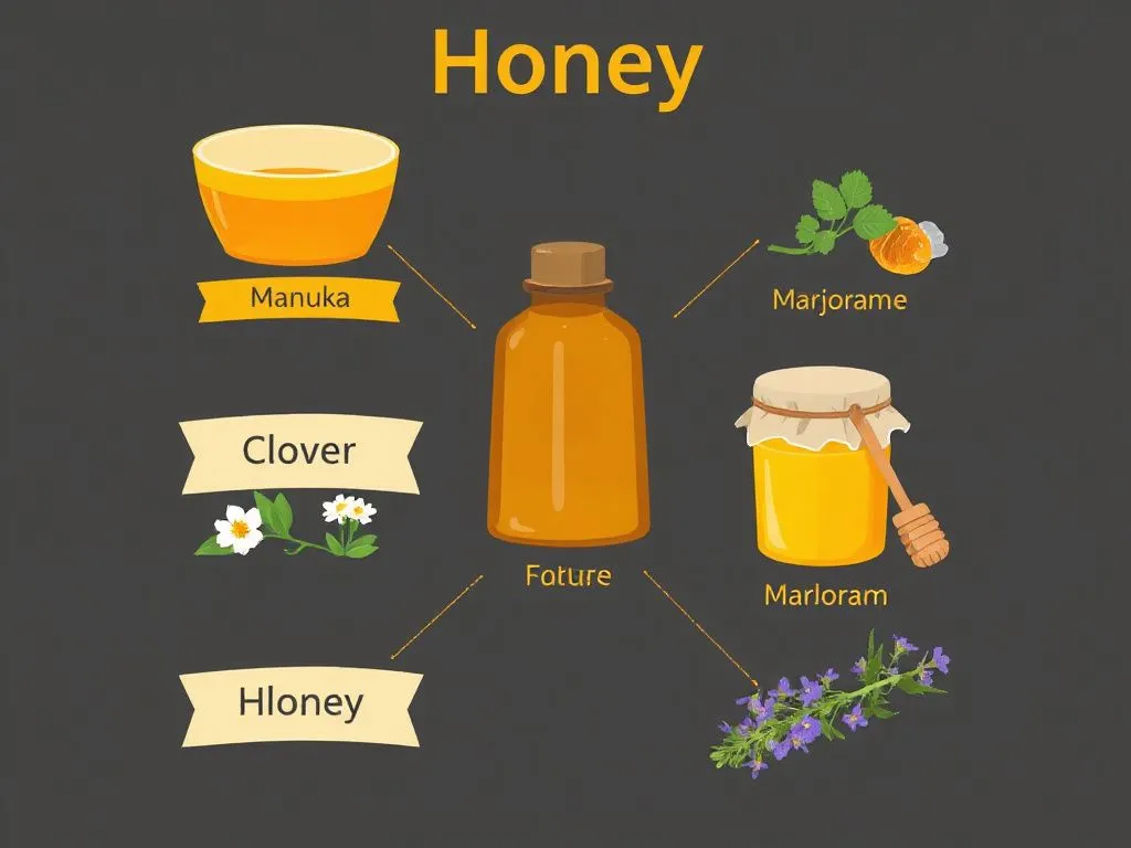 Illustration showing different types of honey with labels indicating their flavors and uses, featuring manuka, clover, and marjoram honey, detailed and colorful guide. Illustration showing different types of honey with labels indicating their flavors and uses, featuring manuka, clover, and marjoram honey, detailed and colorful guide.