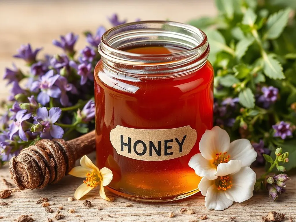 Jar of marjoram honey with herbs and flowers around, showcasing a rich, dark amber color and a hint of floral aroma, detailed and professional photography. Jar of marjoram honey with herbs and flowers around, showcasing a rich, dark amber color and a hint of floral aroma, detailed and professional photography.