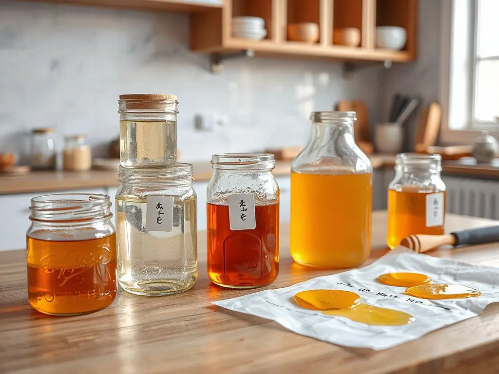 Scene of a kitchen with various types of honey being tested for purity, featuring glass jars, water test, and paper spread test, high-quality and brightly lit setup. Scene of a kitchen with various types of honey being tested for purity, featuring glass jars, water test, and paper spread test, high-quality and brightly lit setup.