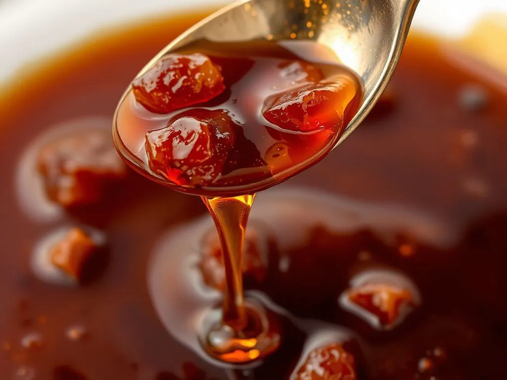 Dark amber honey with a dense texture pouring from a spoon, photorealistic, high quality