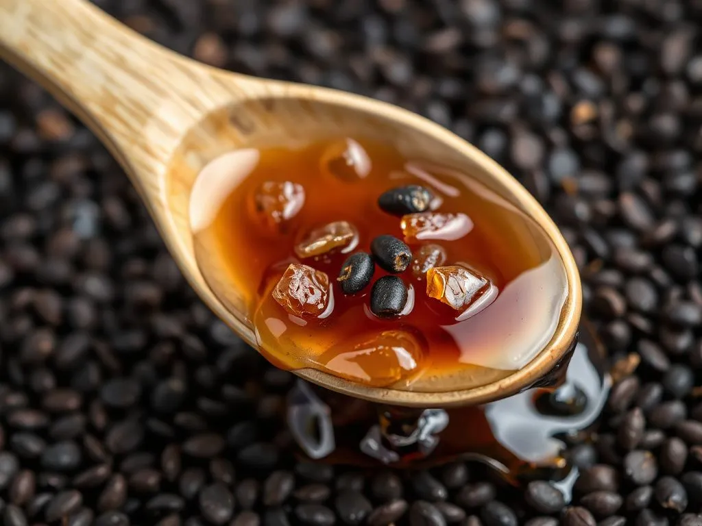 Raw Black Seed Honey with visible natural crystals on a spoon, detailed view, professional lighting