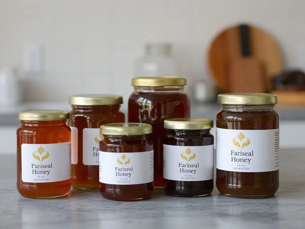 Selection of Black Seed Honey jars in different sizes, organized neatly, on a kitchen table, minimalist style