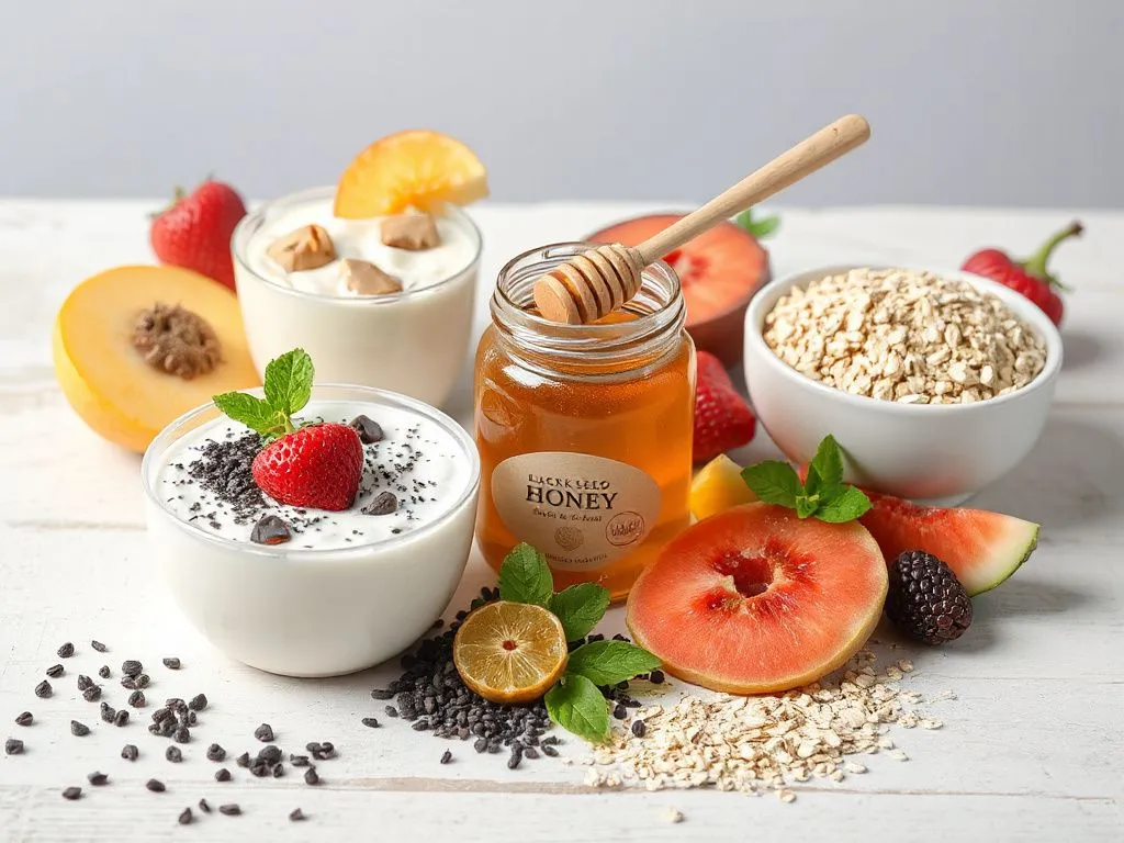 A variety of healthy foods like yogurt, oats, fruits, served with a jar of Black Seed Honey, high quality, professional photography