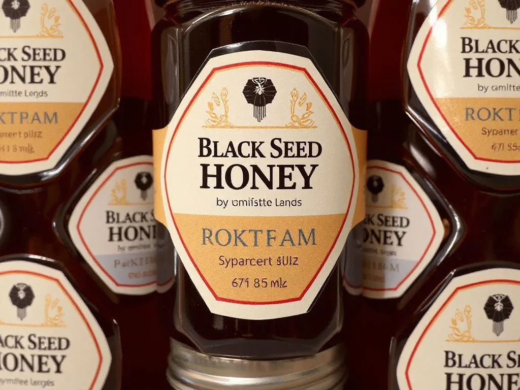 Detailed view of Black Seed Honey packaging showing transparent labels with source and batch number, professional photography