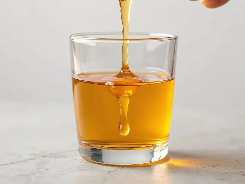 Close-up of honey being poured slowly into a glass of warm water, photorealistic, showcasing the rich texture and light reflections, minimalistic background. Close-up of honey being poured slowly into a glass of warm water, photorealistic, showcasing the rich texture and light reflections, minimalistic background.