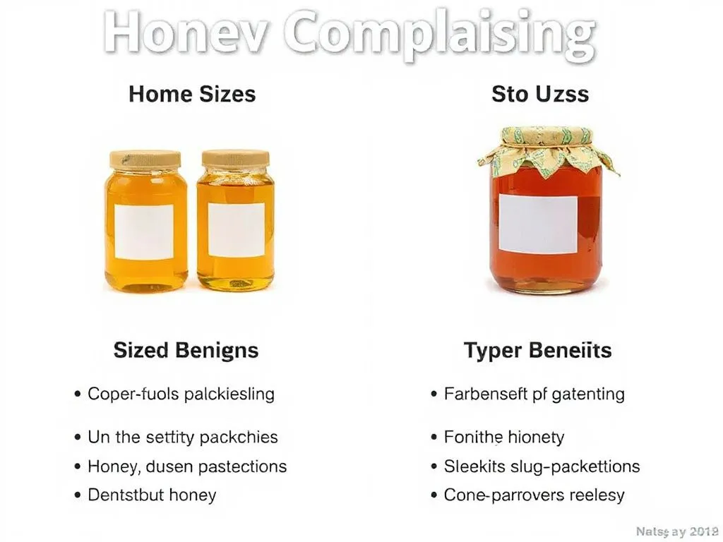 Comparison image showing different sizes and types of honey packaging, emphasizing economic benefits and storage options, clear and organized. Comparison image showing different sizes and types of honey packaging, emphasizing economic benefits and storage options, clear and organized.
