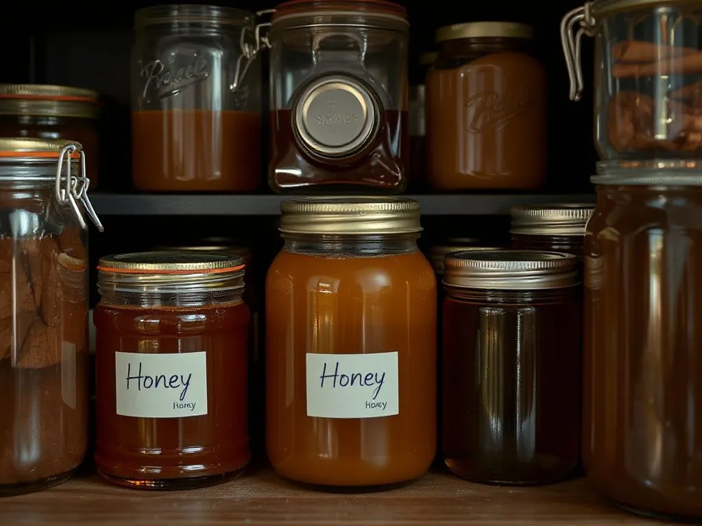 Image of honey jars stored in a dark, cool pantry, emphasizing proper storage conditions with clear containers and light control, soft natural lighting. Image of honey jars stored in a dark, cool pantry, emphasizing proper storage conditions with clear containers and light control, soft natural lighting.