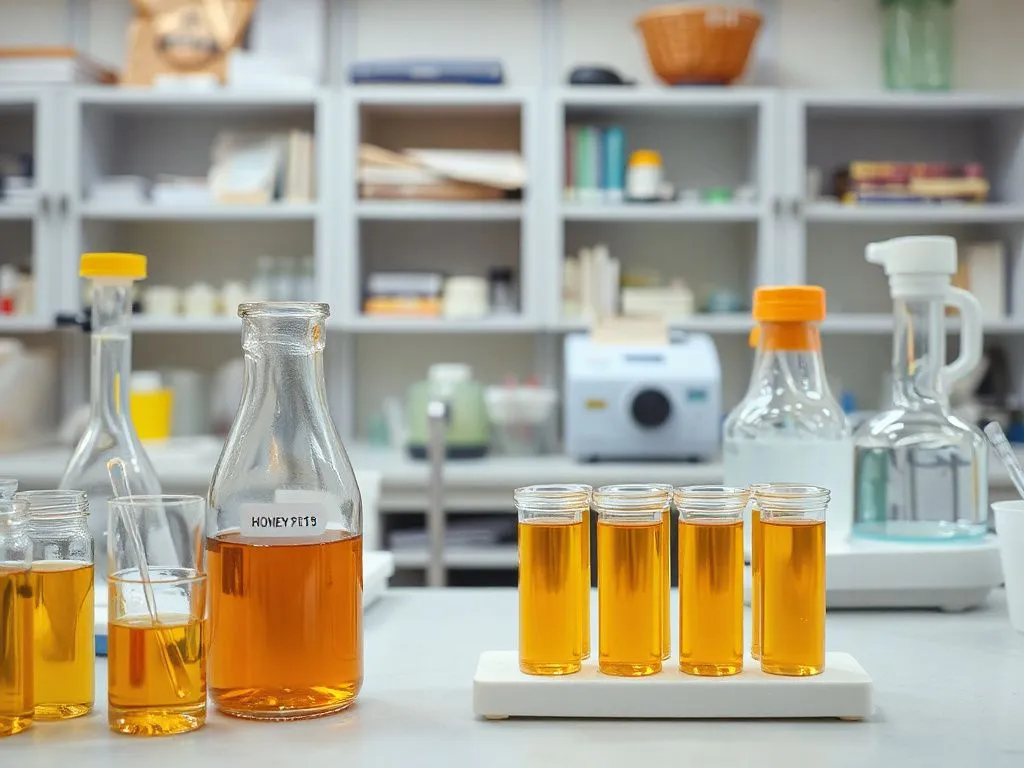 A professional setting depicting a laboratory testing process for honey purity, including test tubes, and analysis equipment, academic and clinical atmosphere. A professional setting depicting a laboratory testing process for honey purity, including test tubes, and analysis equipment, academic and clinical atmosphere.