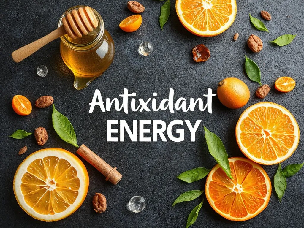 Visual representation of antioxidants and natural energy sources, with honey and citrus elements, detailed and vibrant, illustrating healthy benefits. Visual representation of antioxidants and natural energy sources, with honey and citrus elements, detailed and vibrant, illustrating healthy benefits.