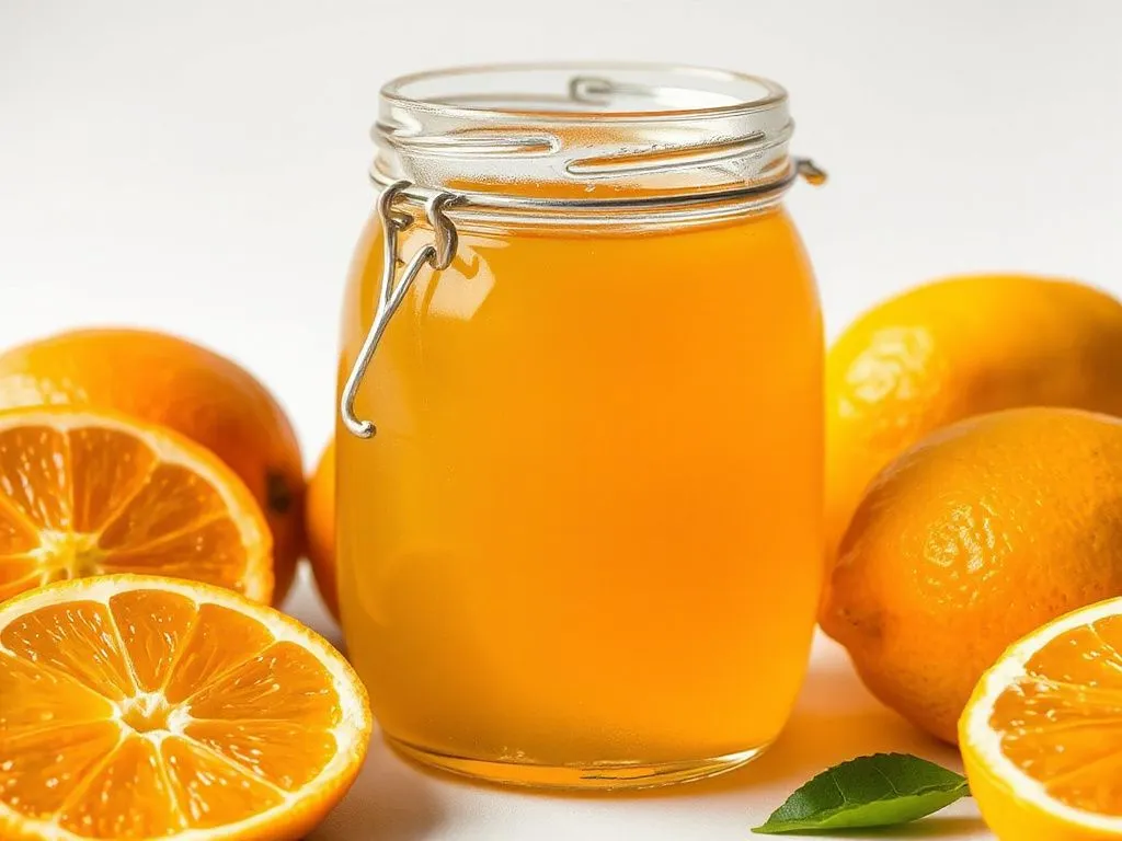 Detailed image of citrus blossom honey in a glass jar, showing its light golden color and smooth texture, surrounded by citrus fruits like oranges and lemons, professional lighting and clean background.