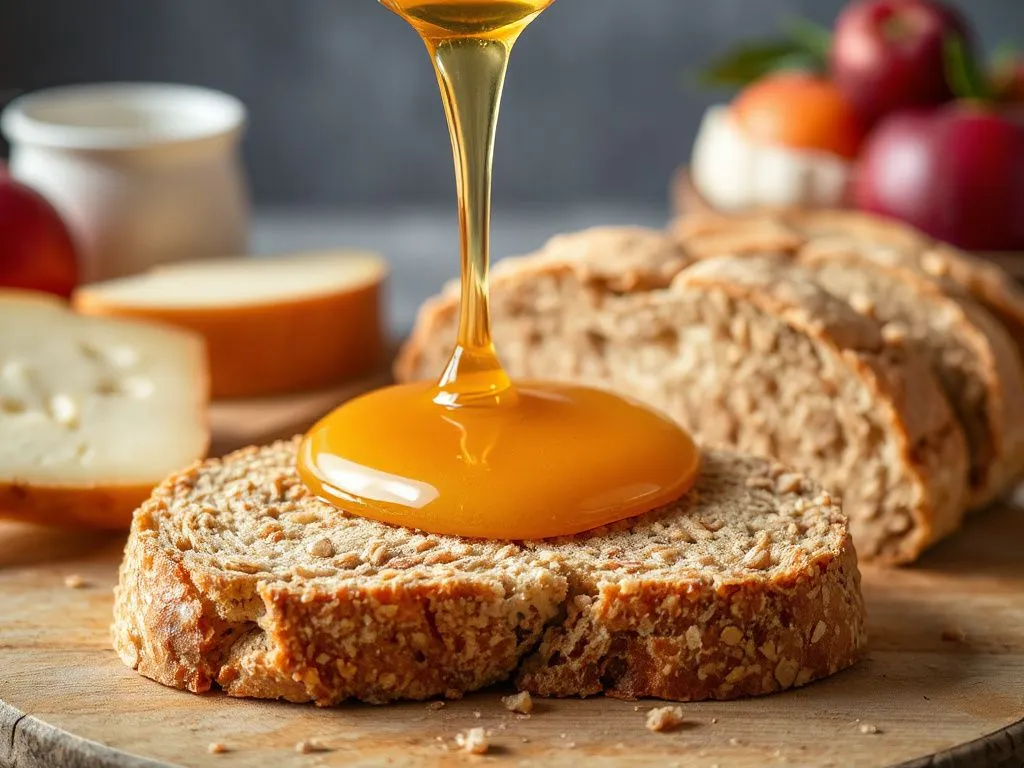 Close-up image of light golden honey pouring smoothly onto a slice of whole-grain bread, with a background of a fresh breakfast setup featuring cheese and fruits, high quality and well-lit.