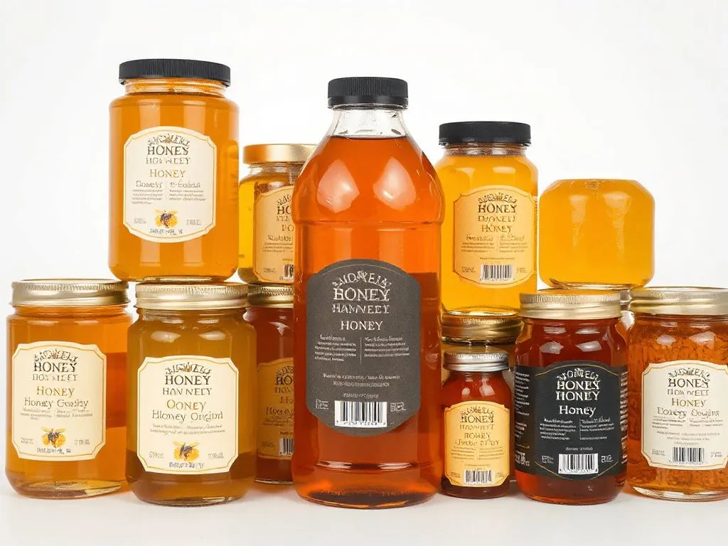 Professional image of honey labels on various jars, showcasing detailed information about origin, nectar type, and certifications, arranged in a clean and organized display.