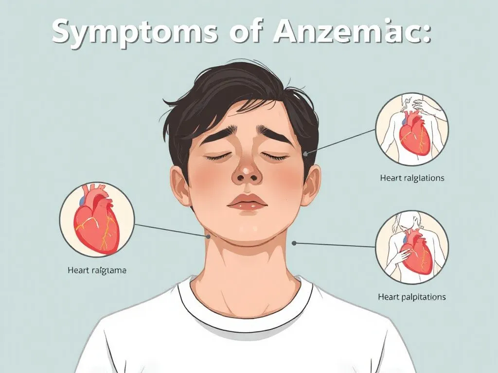 An illustration depicting symptoms of anemia: a pale person, a person feeling fatigued, with medical illustrations of heart palpitations and dizziness, professional medical illustration style.