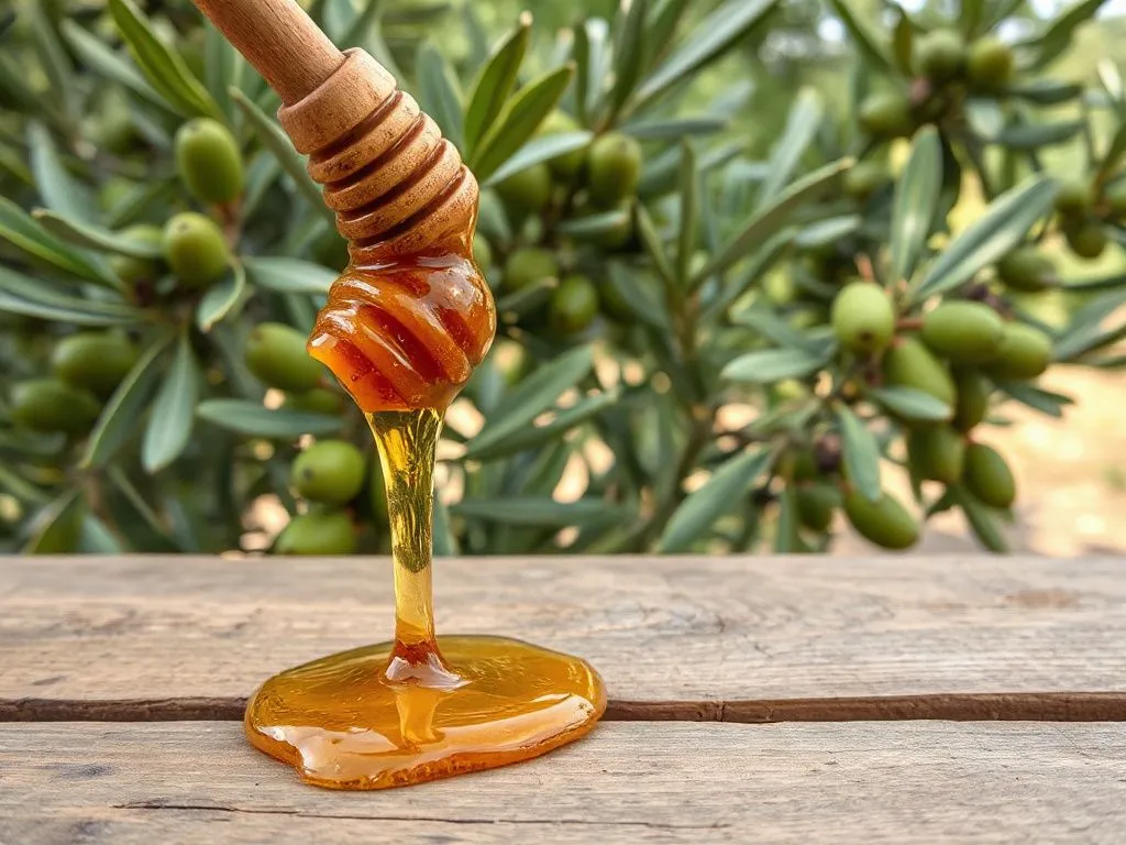 A detailed image of Palestinian honey dripping on a wooden table with a backdrop of green olive trees, symbolizing natural and energizing properties, photorealistic.