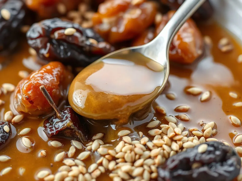 A spoon dipping into a mix of honey, dates, and sesame seeds, detailed close-up, high resolution, natural lighting.