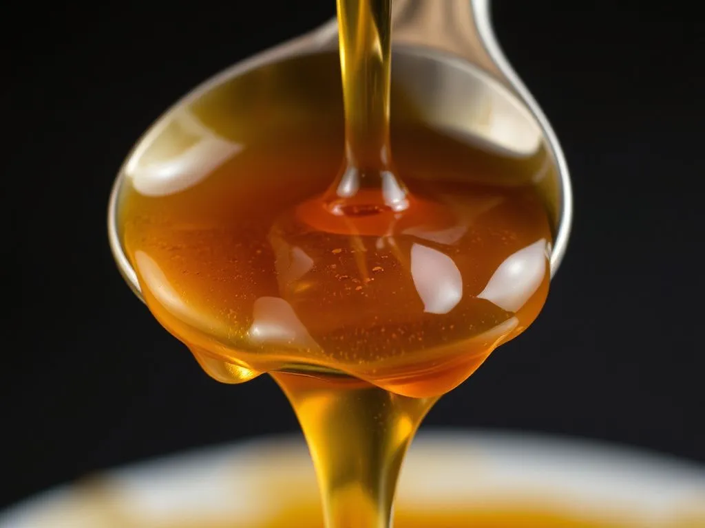 Close-up view of honey dripping from a spoon, showing different consistencies and hues, illustrating the variety in honey textures, professional photography, high quality.