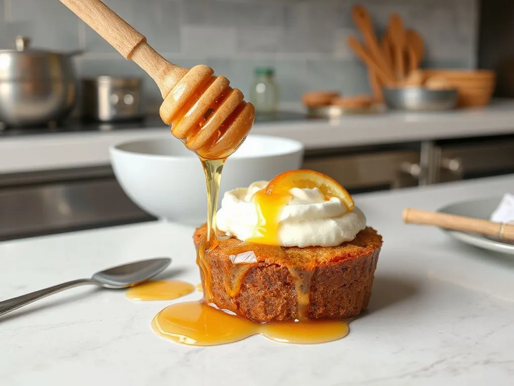 Professional kitchen scene with honey being integrated into a dessert recipe, highlighting the use of honey as a natural sweetener, fine detail, vibrant.