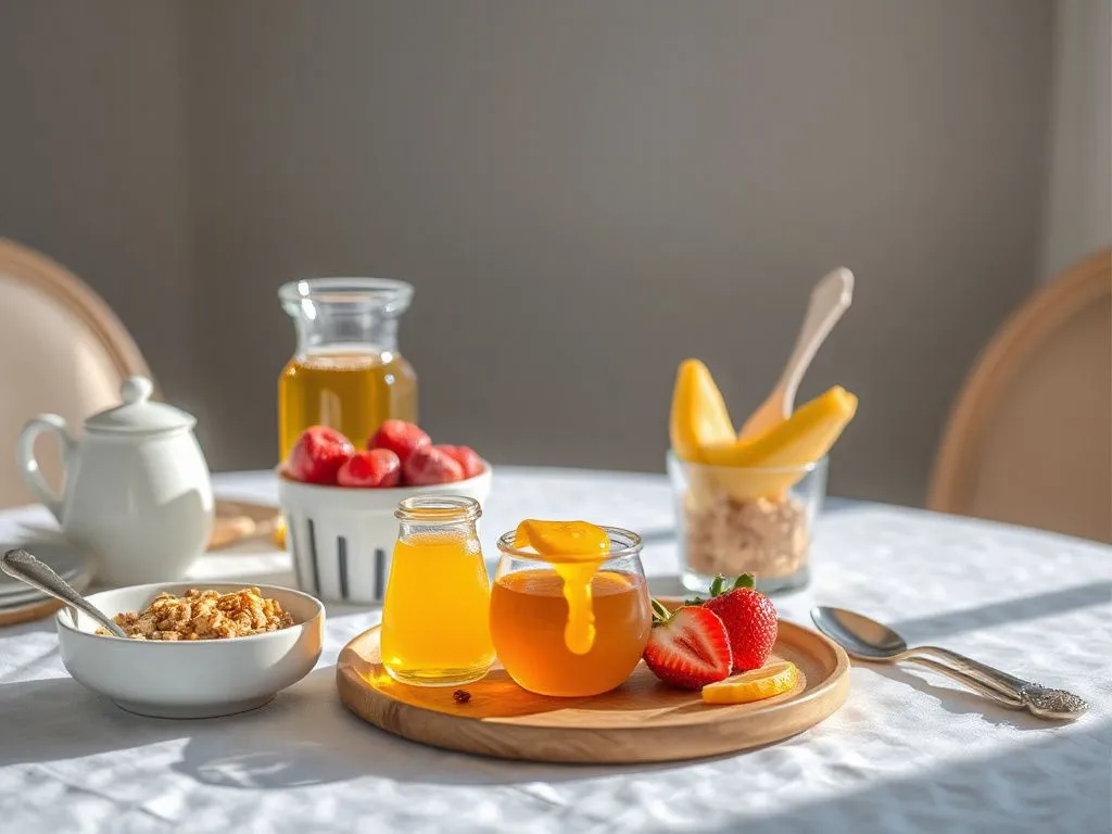 Luxurious breakfast table setting with honey, fruit, and granola; a beautiful use of honey in morning meals, bright lighting, clean and inviting.