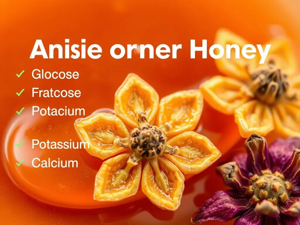Close-up of anise flower honey with nutritional info like glucose, fructose, potassium, and calcium, photorealistic, with a focus on honey texture and anise flowers