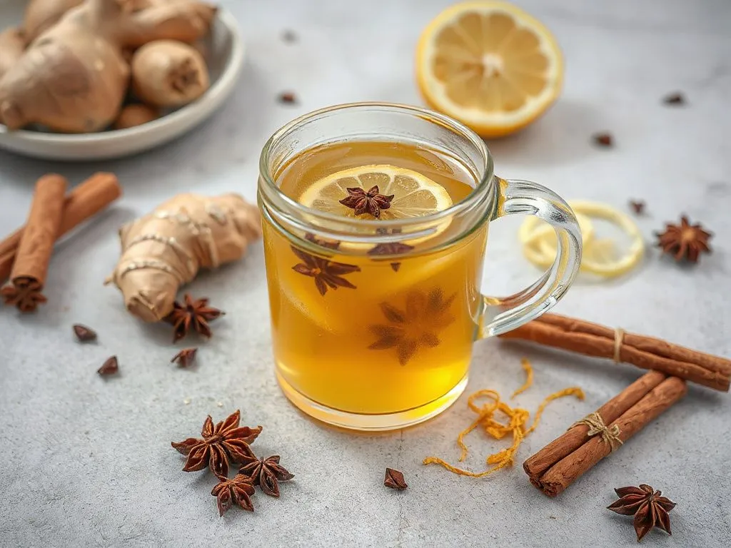 Preparation of anise honey drink with ginger, cinnamon, and lemon zest, photorealistic, high quality, vibrant ingredients