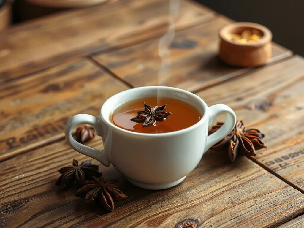 A soothing cup of warm anise tea with honey on a rustic table, steam visible, cozy atmosphere, photorealistic, emphasizing relaxation and calmness