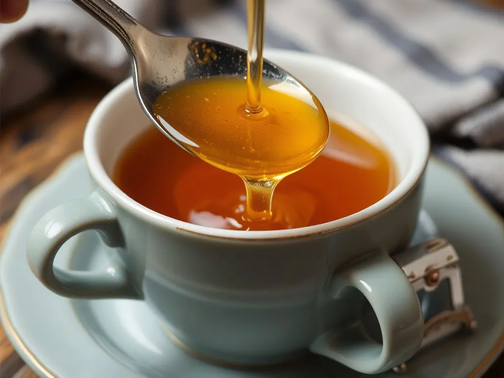Close-up of a spoon drizzling golden acacia honey into a cup of tea, detailed, professional lighting