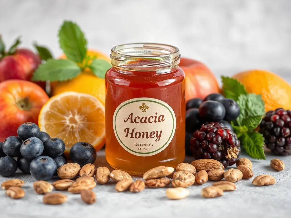 Glass jar of acacia honey beside fresh fruits and nuts, showcasing healthy breakfast items, high quality