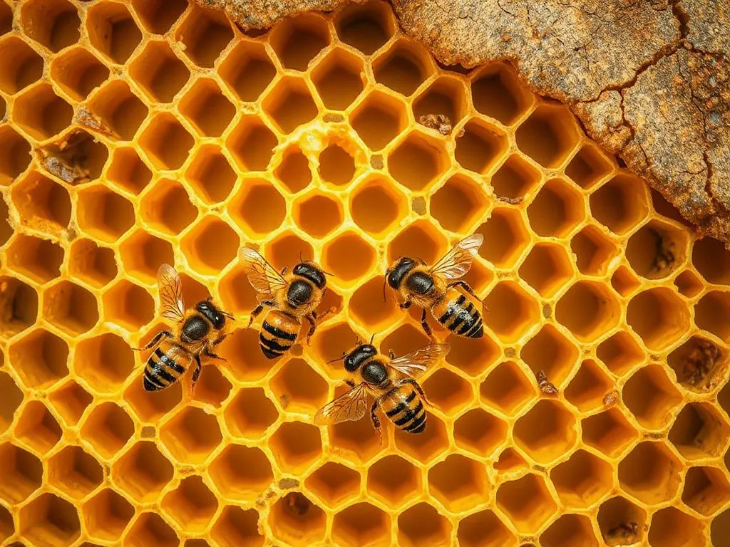 Illustration of honeycomb structure showing acacia bees collecting nectar, photorealistic, high quality