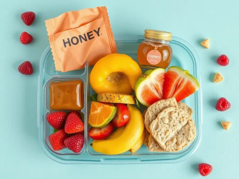 A vibrant and inviting display of a child's healthy lunch box featuring natural honey, fresh fruits, and healthy snacks, colorful and appealing setting, photorealistic, high quality, professional food photography style