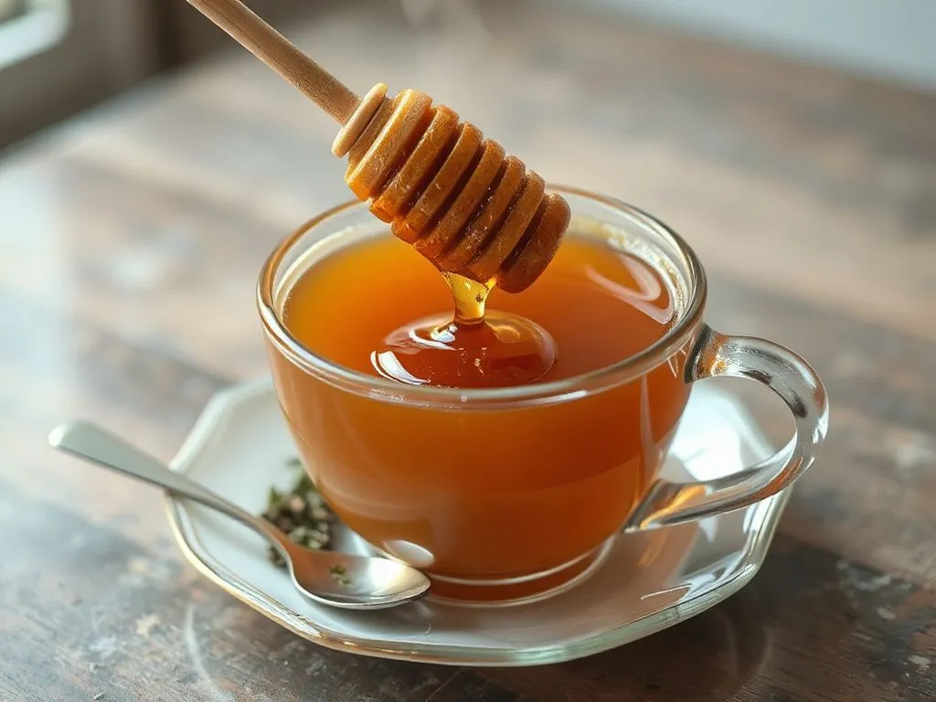 Photorealistic image of a cup of herbal tea being sweetened with a honey dipper dripping thyme honey, steam rising from the tea, cozy atmosphere