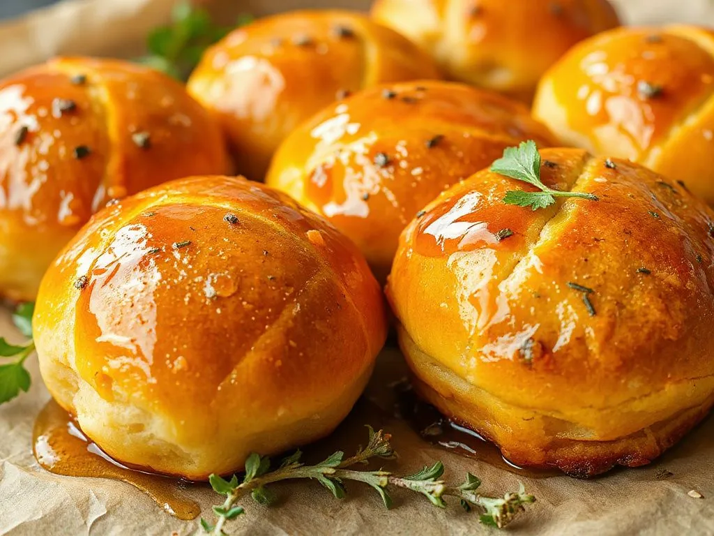 High-quality image of freshly baked rolls glazed with thyme honey, golden brown color, garnished with fresh thyme leaves