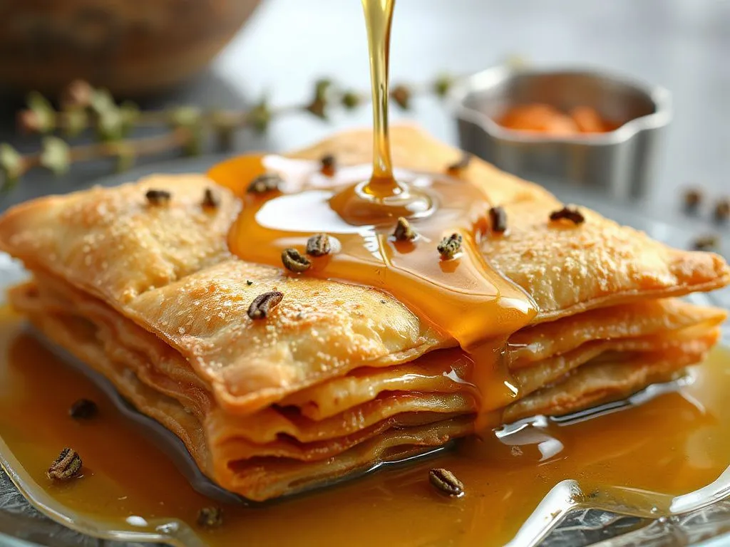 High-quality image of a traditional Middle Eastern dessert drizzled with thyme honey, golden shine over layered pastry