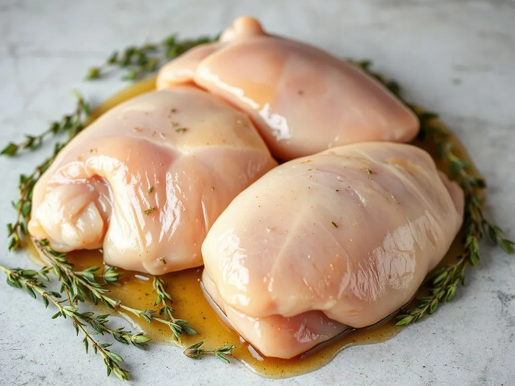 Photorealistic image of raw marinated chicken pieces with thyme honey glaze, herbs around, showcasing preparation before cooking