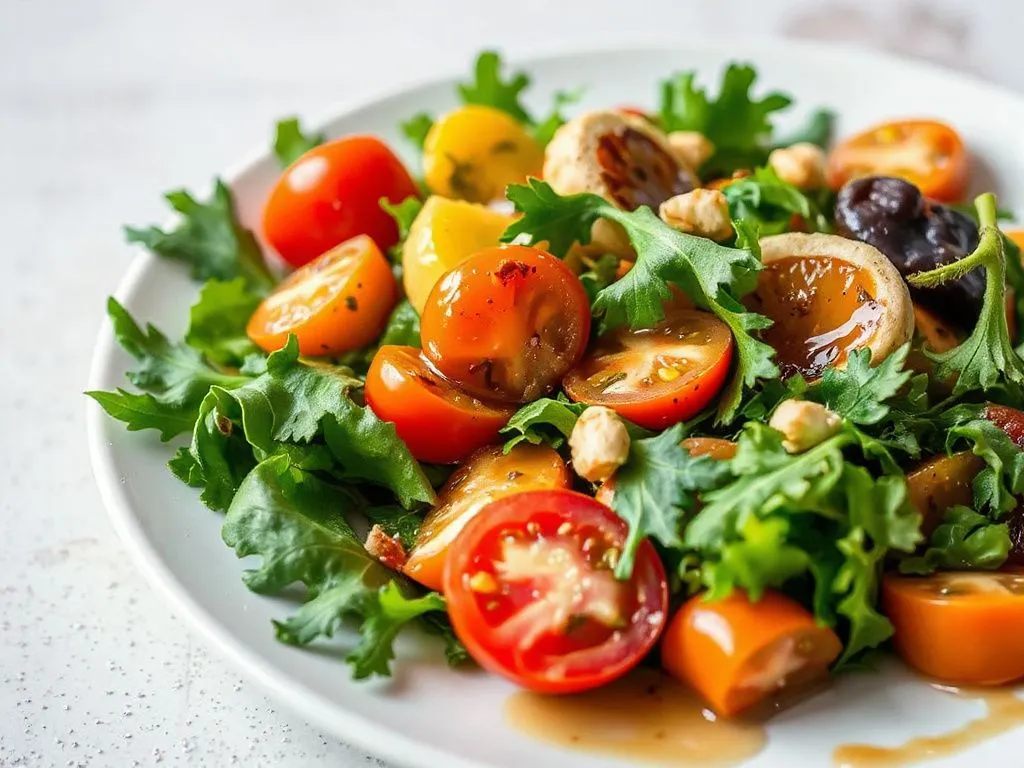 Photorealistic image of a salad with thyme honey dressing, colorful vegetables including cherry tomatoes and arugula, sparkling texture