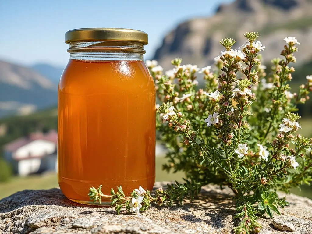 High-quality image of a jar of thyme honey placed next to a blooming thyme plant with a mountain background, photorealistic, natural lighting, detailed texture, amber color
