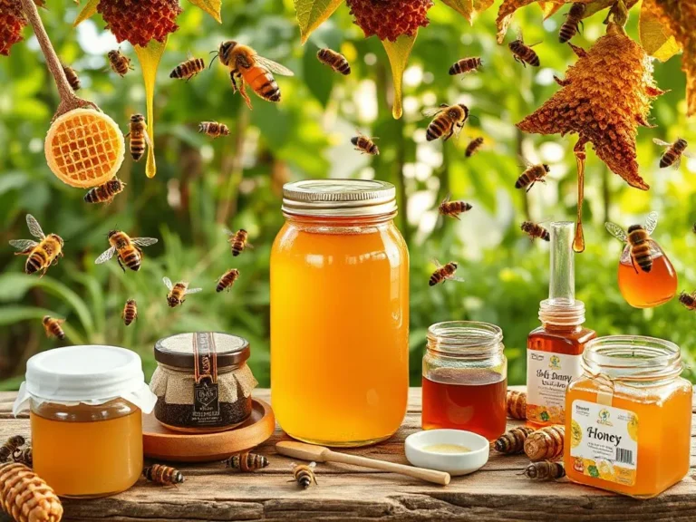 A wide shot capturing the journey of honey production from hive to jar; includes elements like bee-friendly apiaries, healthy bees, natural honeycombs, careful harvesting, laboratory testing, and packaging in a harmonious flow, photorealistic, high quality, natural lighting