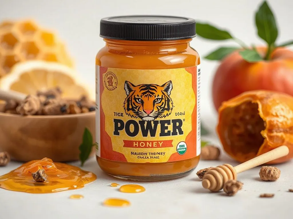 Close-up of Tiger Power product, a jar that gives a visual sense of the product's honey-based nature, surrounded by natural elements like honeycomb and fresh ingredients, clean background, professional photography style