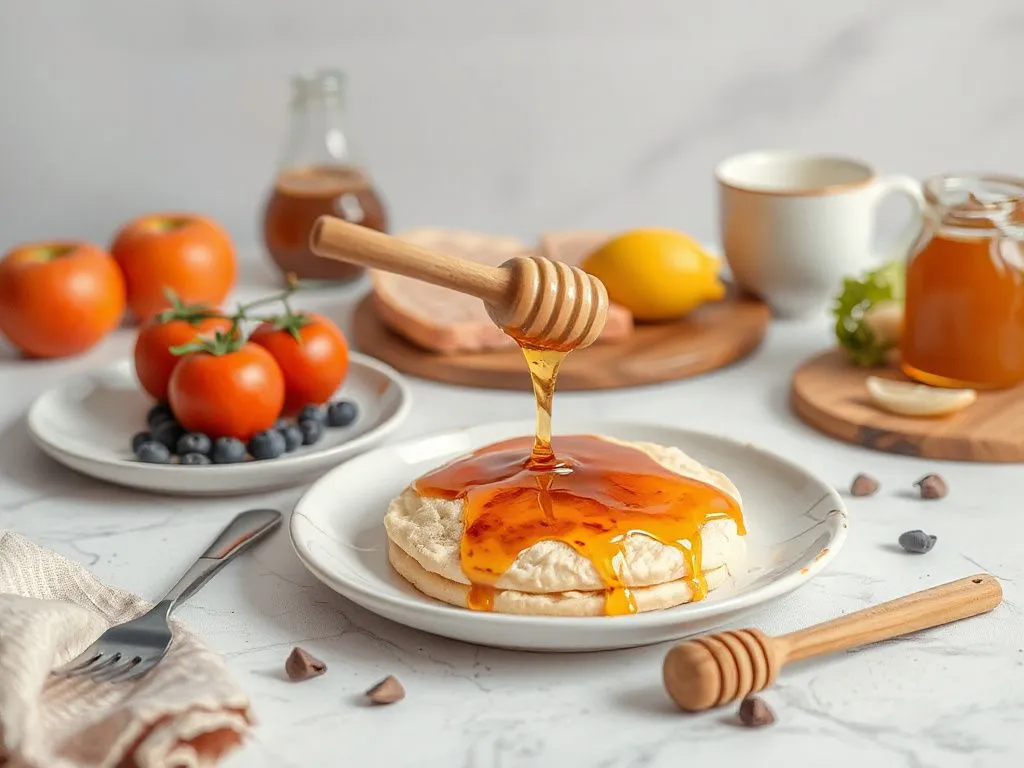 A healthy breakfast setting with honey as a key ingredient, showing an inviting and nutritious meal layout, aesthetically pleasing and bright lighting