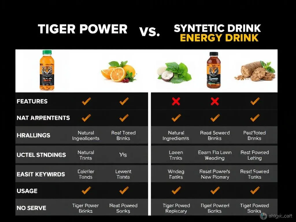 A visual comparison chart showing the features of Tiger Power versus synthetic energy drinks, highlighting natural ingredients, benefits, and usage scenarios, clean and modern design
