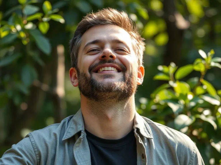 A man feeling refreshed and energized, surrounded by nature, with an expression of vitality and well-being, professional lighting, photorealistic, high quality