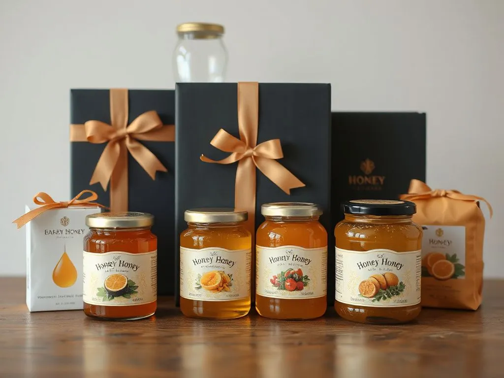 Luxurious honey gift boxes with elegant packaging, photorealistic, high quality, professional lighting, showcasing variety of honey types, such as golden honey jars presented in a sophisticated setting