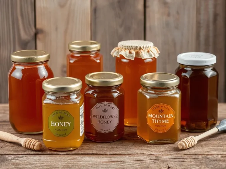 A collection of different honey jars, each representing a variety like citrus honey, clover honey, wildflower honey, and mountain thyme honey, displayed on a rustic wooden table, photorealistic, high quality, natural lighting, showcasing different textures and colors.