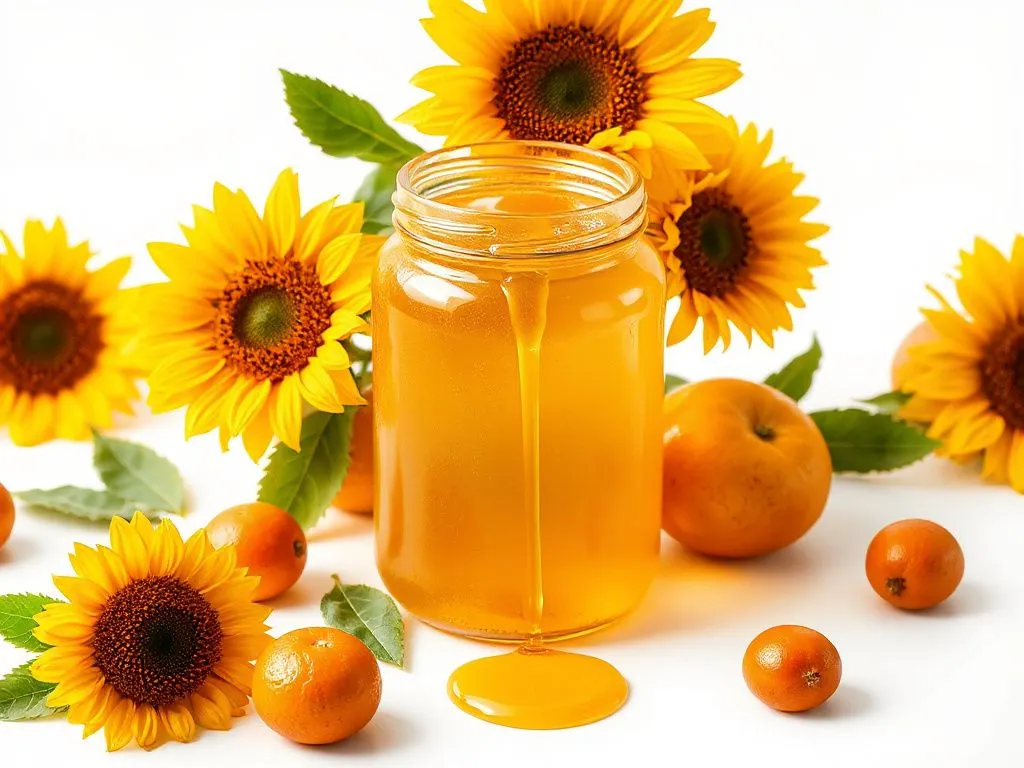 Photorealistic jar of golden honey with sunflowers and oranges around it, high quality, vibrant colors, summer theme, on a clean white background