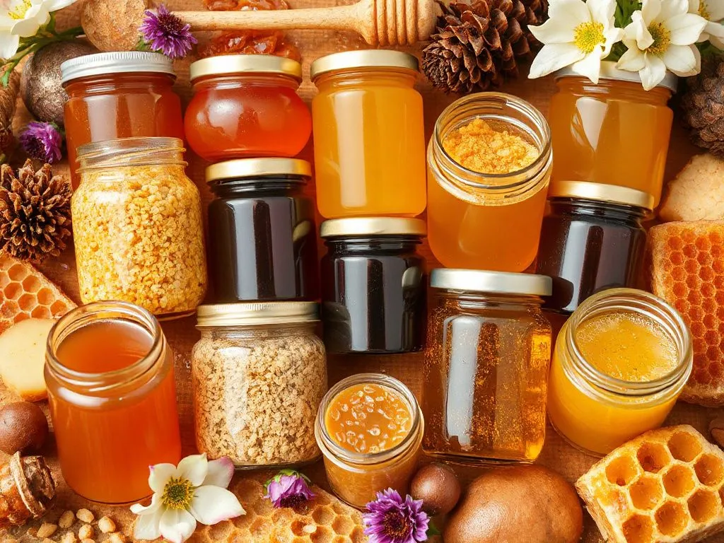 An array of different honey types in jars, showcasing various colors and textures, surrounded by natural elements like flowers and honeycombs, photorealistic, high quality, detailed textures.