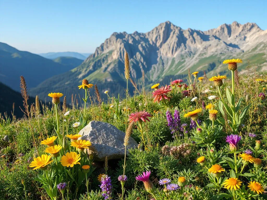 Mountain landscape with wildflowers and herbs, where mountain honey is produced. Photorealistic, high quality, natural lighting, showcasing diverse flora in a mountainous setting.