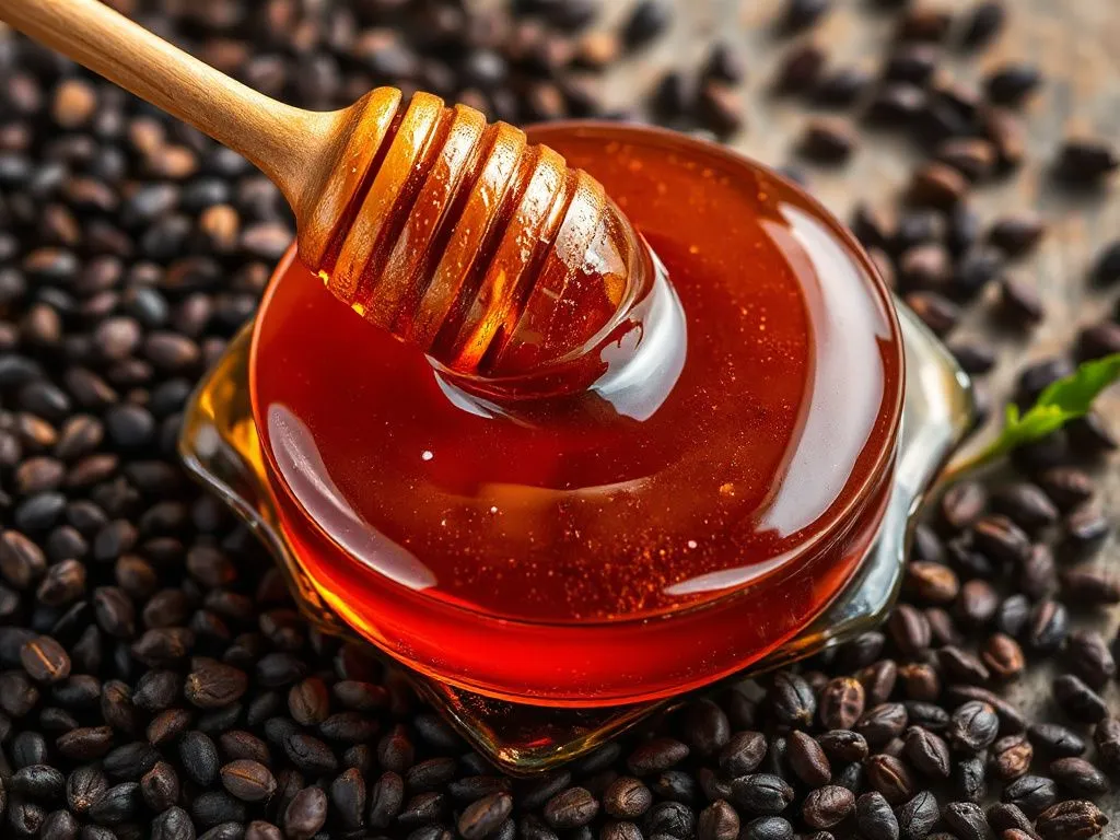 A photorealistic composition featuring black seed honey in a natural setting, surrounded by black cumin seeds, showcasing its rich texture and deep amber color, with professional lighting emphasizing its health benefits