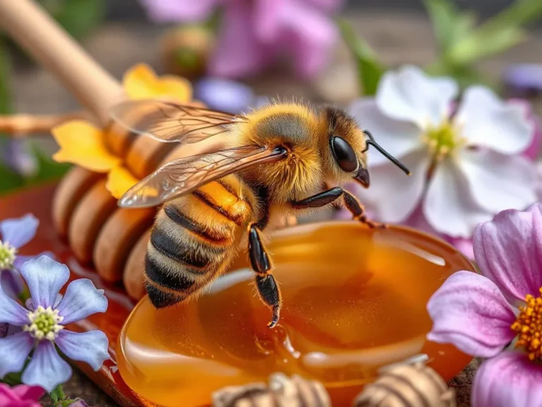 A professional composition of a bee surrounded by natural elements like flowers and honey, symbolizing natural treatments, photorealistic, vibrant colors, high quality.