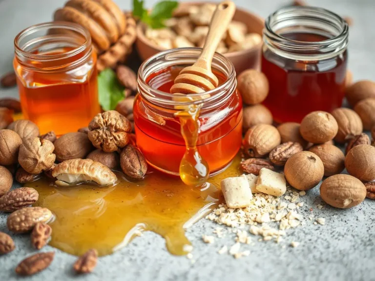 A professional image of various natural energy sources for athletes, including honey and nuts, arranged in a dynamic composition, high quality, detailed, vibrant colors, indicative of energy and vitality.