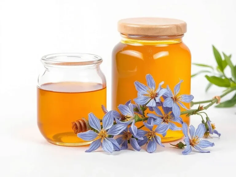 A glass jar of honey next to fresh Melissa officinalis flowers, showcasing the golden-amber color of the honey, shot in a clean, minimalist style with natural lighting, emphasizing the natural and unique qualities of the product.