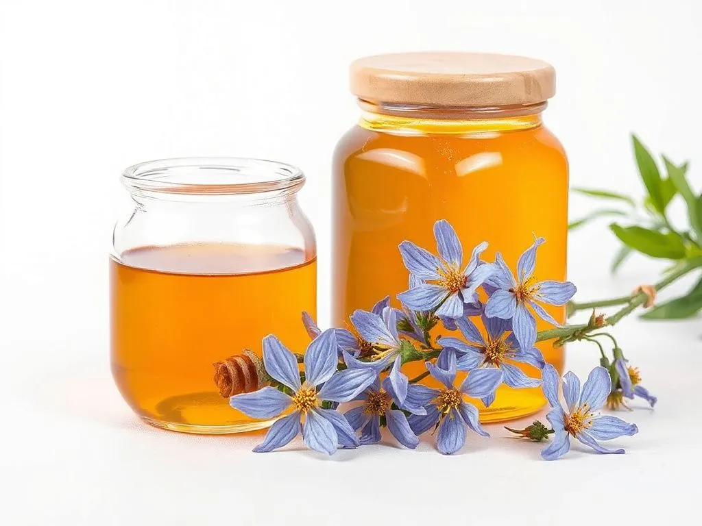 A glass jar of honey next to fresh Melissa officinalis flowers, showcasing the golden-amber color of the honey, shot in a clean, minimalist style with natural lighting, emphasizing the natural and unique qualities of the product.